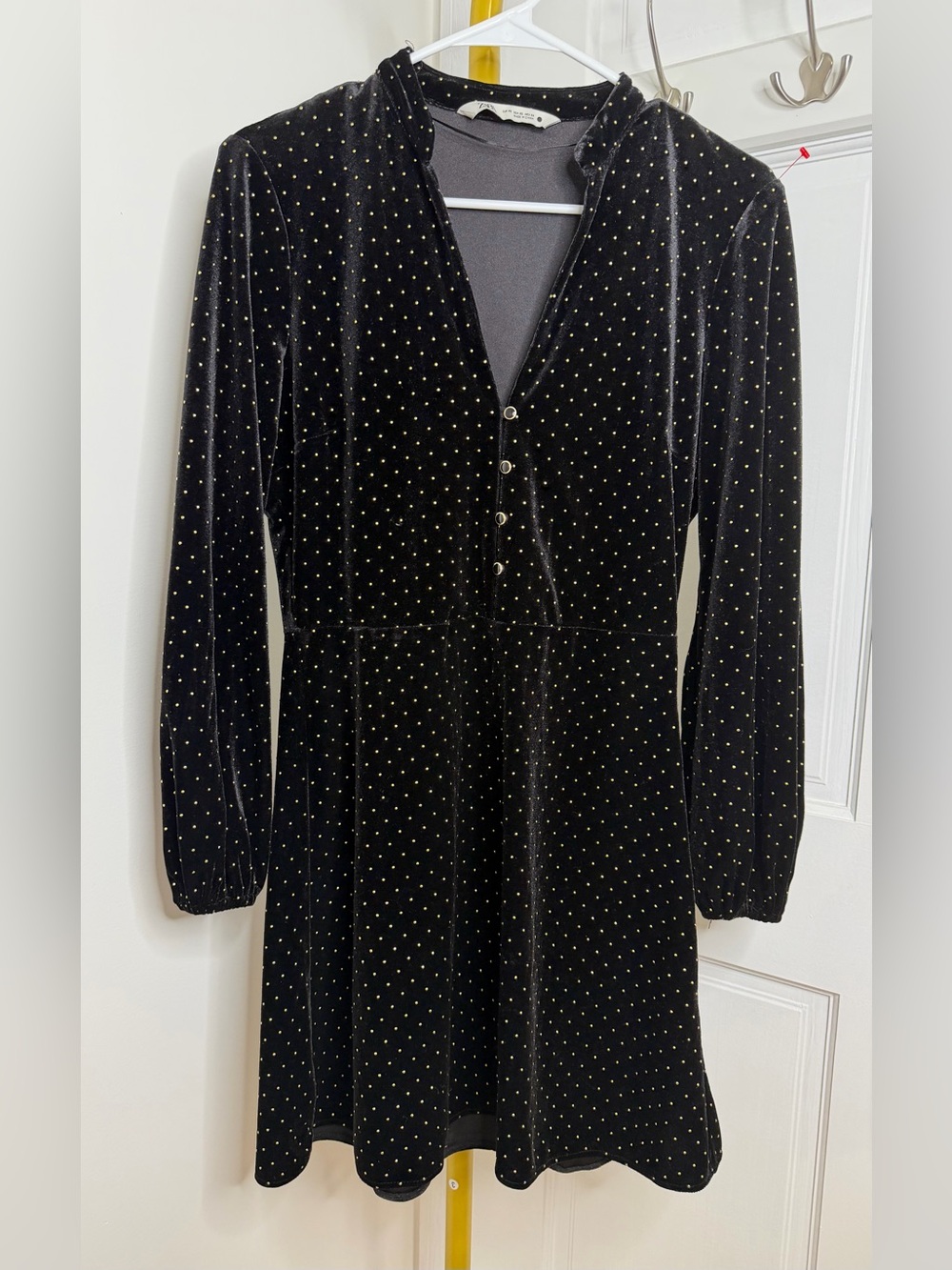 Zara Black Velvet Long-Sleeve Dress with Gold Dot Accents